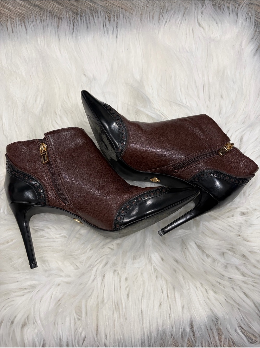 Tory Burch Brown and Black Leather Pointed-Toe Ankle Boots